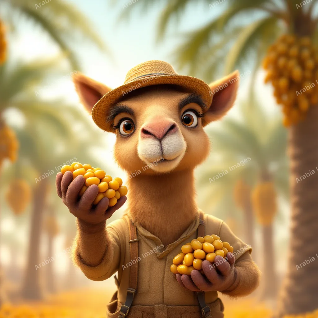 3D Cartoon Camel in a Straw Hat Holding Yellow Dates in a Palm Grove