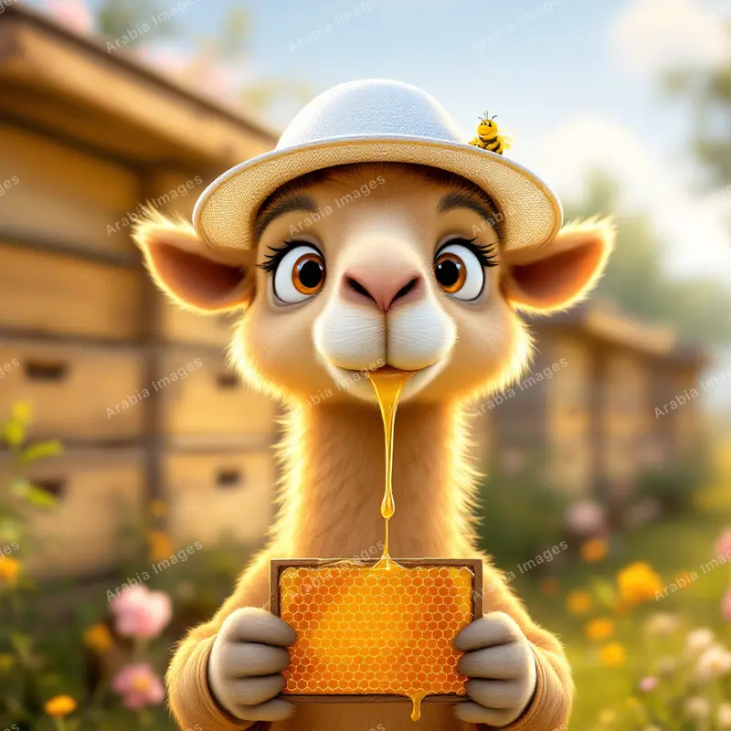 3D Cartoon Camel Beekeeper Holding a Dripping Honeycomb
