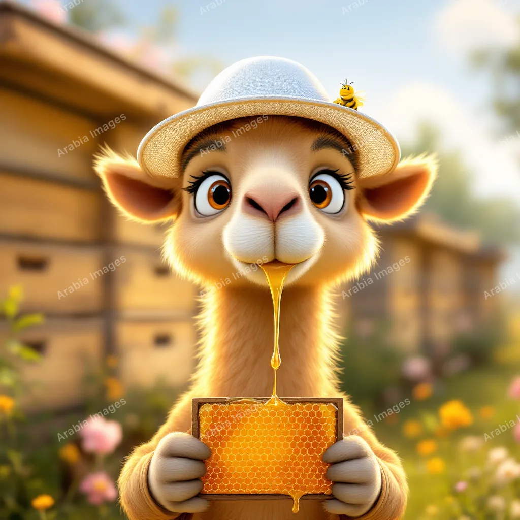 3D Cartoon Camel Beekeeper Holding a Dripping Honeycomb