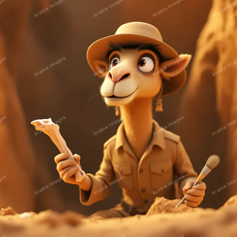 3D Cartoon Camel Archaeologist Holding a Bone and a Brush