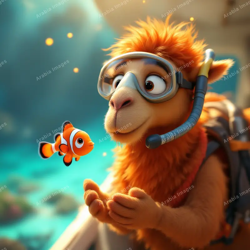 3D Cartoon Camel in a Snorkel Mask Meeting a Clownfish
