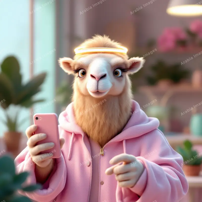 3D Cartoon Camel in a Pink Hoodie Holding a Pink Phone