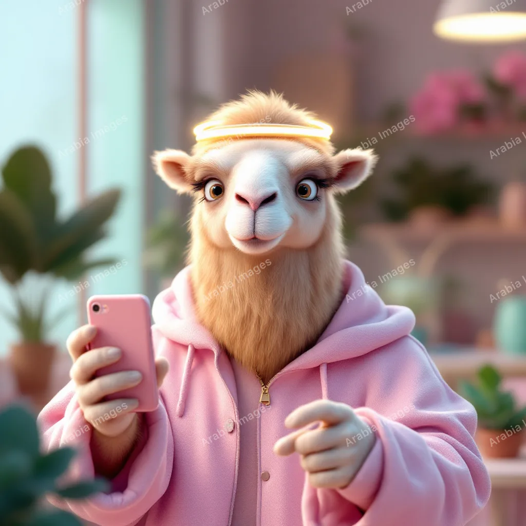3D Cartoon Camel in a Pink Hoodie Holding a Pink Phone