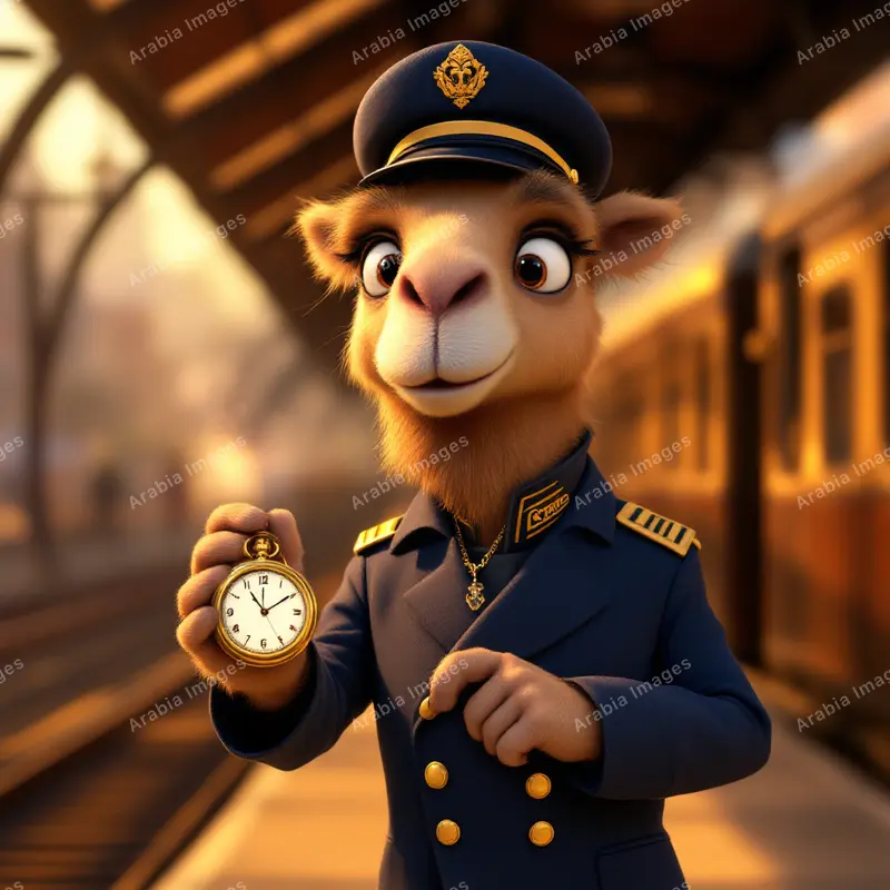 3D Cartoon Camel Conductor with a Pocket Watch on a Train Platform