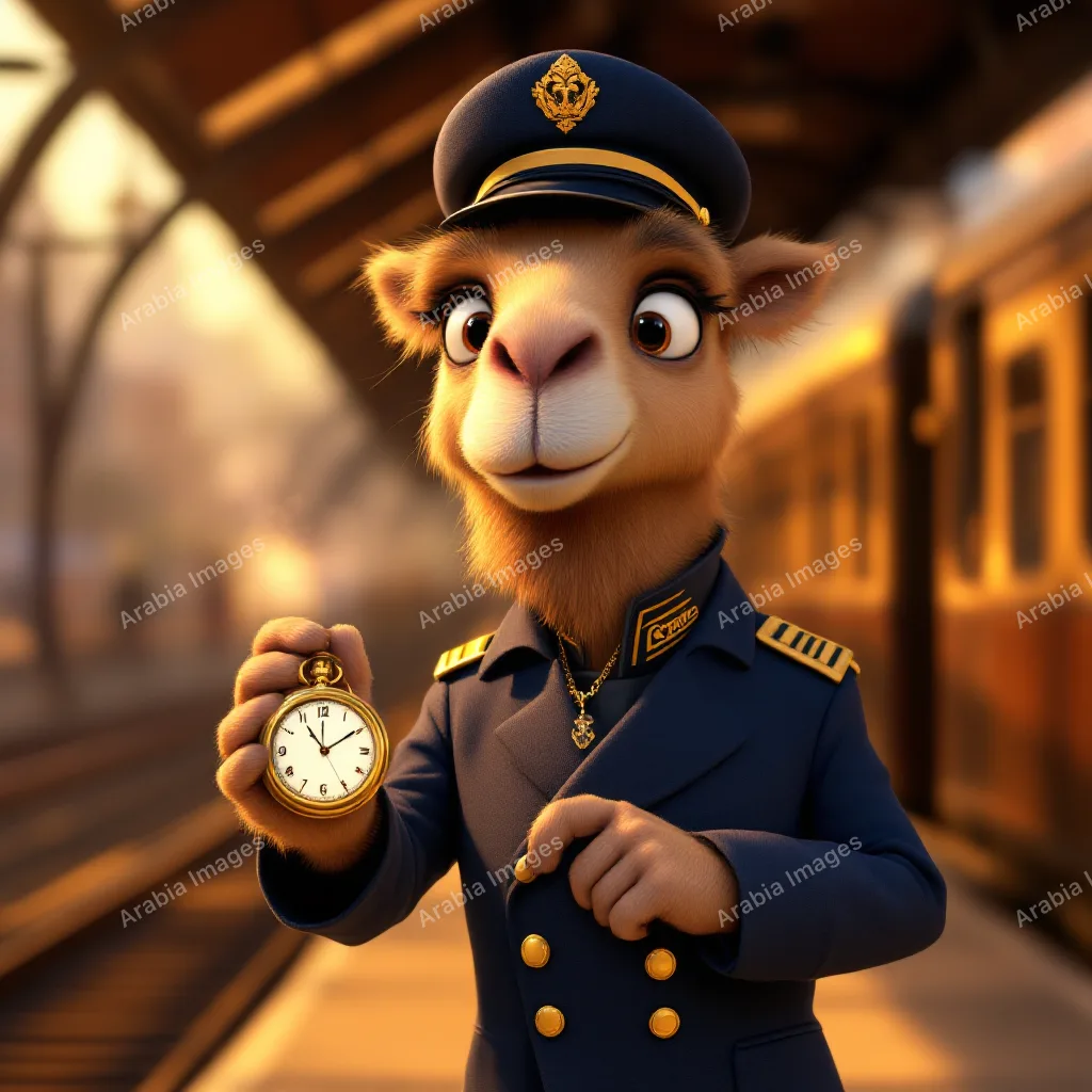 3D Cartoon Camel Conductor with a Pocket Watch on a Train Platform