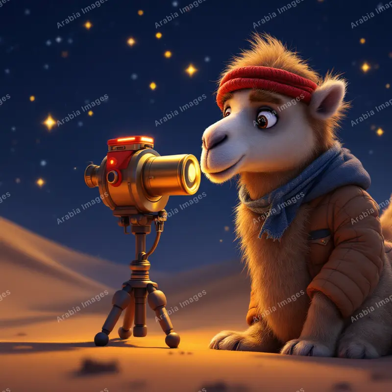 3D Cartoon Camel Stargazing Beside a Brass Telescope at Night