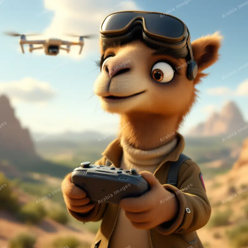 3D Cartoon Camel Flying a Drone with a Controller Over Rocky Hills