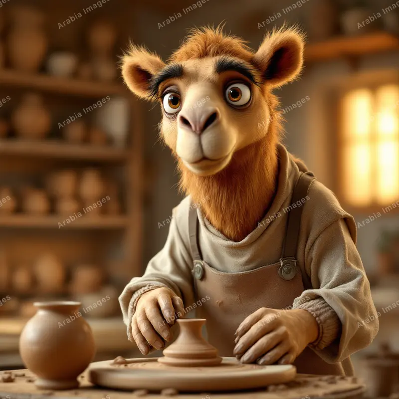 3D Cartoon Camel Potter Shaping Clay on a Wheel in a Workshop