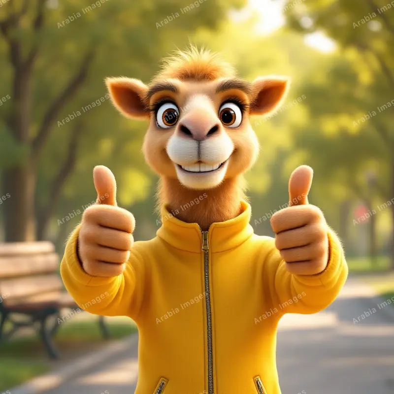 3D Cartoon Camel in a Yellow Track Jacket Giving Two Thumbs Up