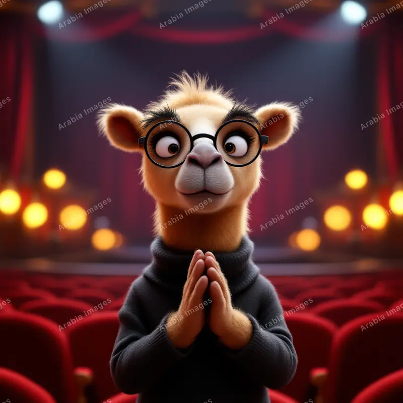 3D Cartoon Camel in Round Glasses with Hands Clasped in a Theatre