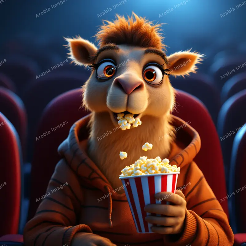 3D Cartoon Camel Munching Popcorn in a Cinema Seat