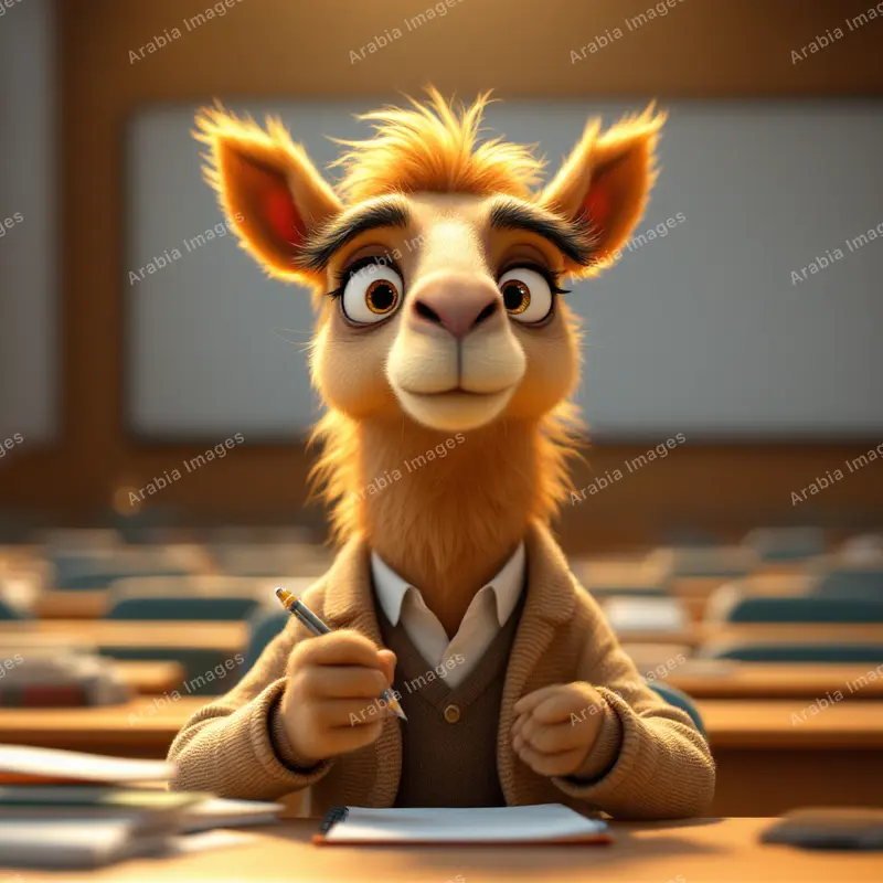 3D Cartoon Camel in a Cardigan Taking Notes in a Lecture Hall