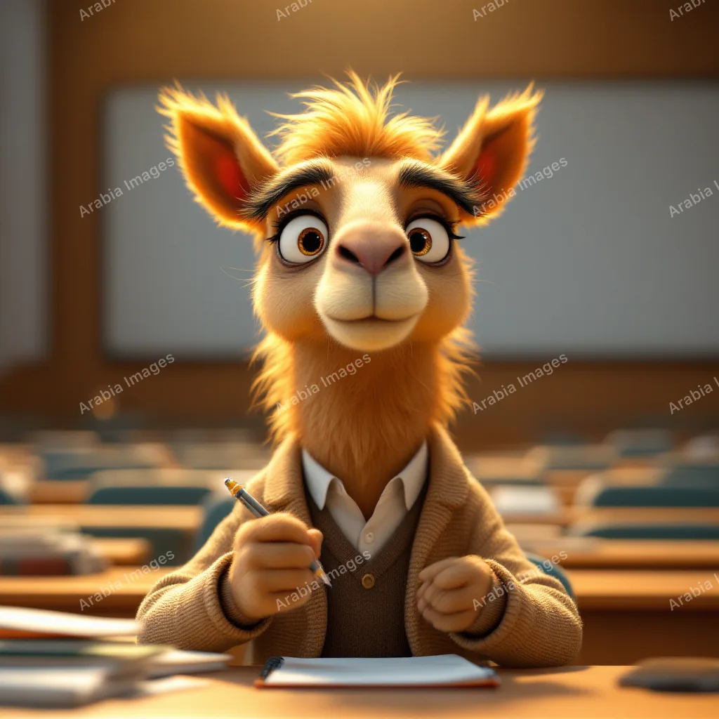3D Cartoon Camel in a Cardigan Taking Notes in a Lecture Hall