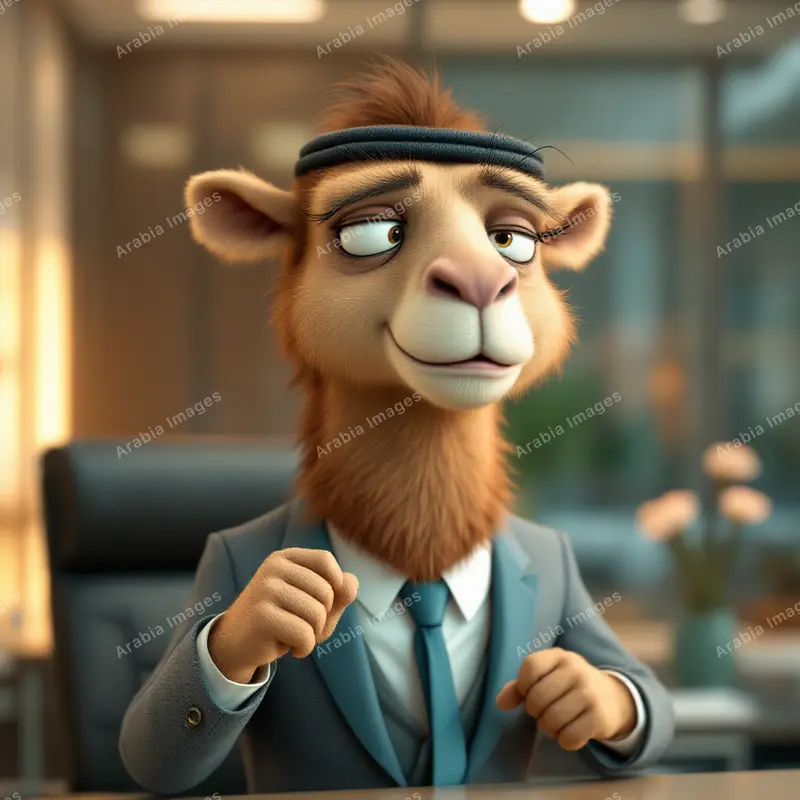 3D Cartoon Camel in a Grey Suit and Teal Tie at an Office Desk