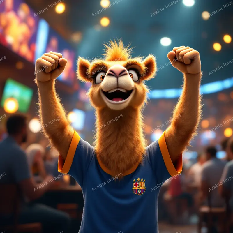 3D Cartoon Camel Cheering with Fists Raised in a Busy Sports Bar
