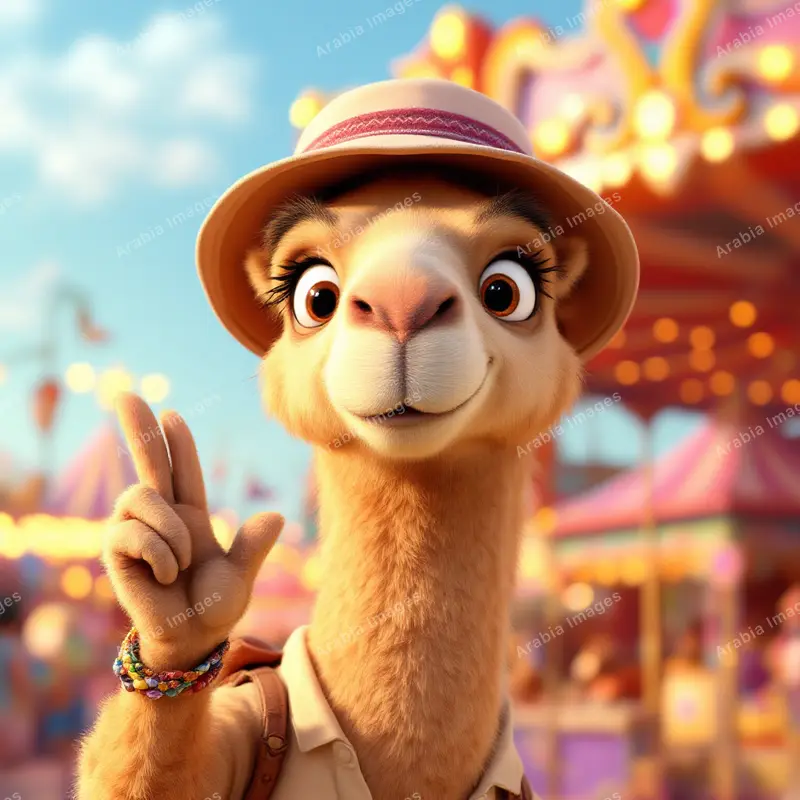 3D Cartoon Camel in a Sun Hat Making a Peace Sign at a Funfair