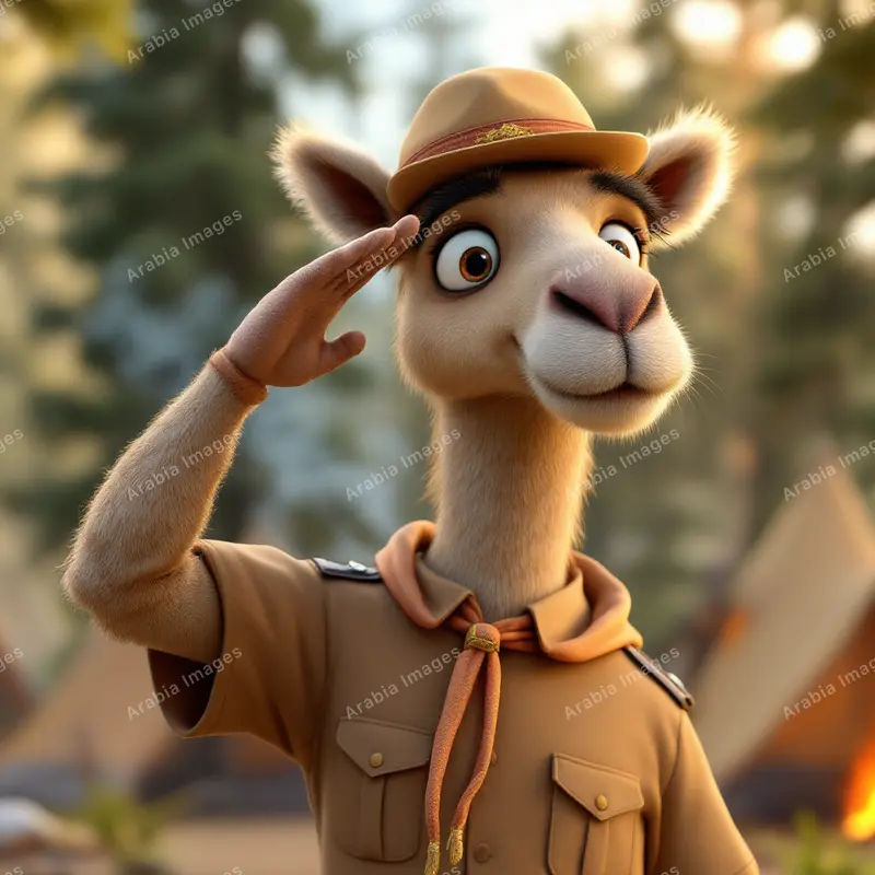 3D Cartoon Camel Scout Saluting in a Khaki Uniform and Neckerchief