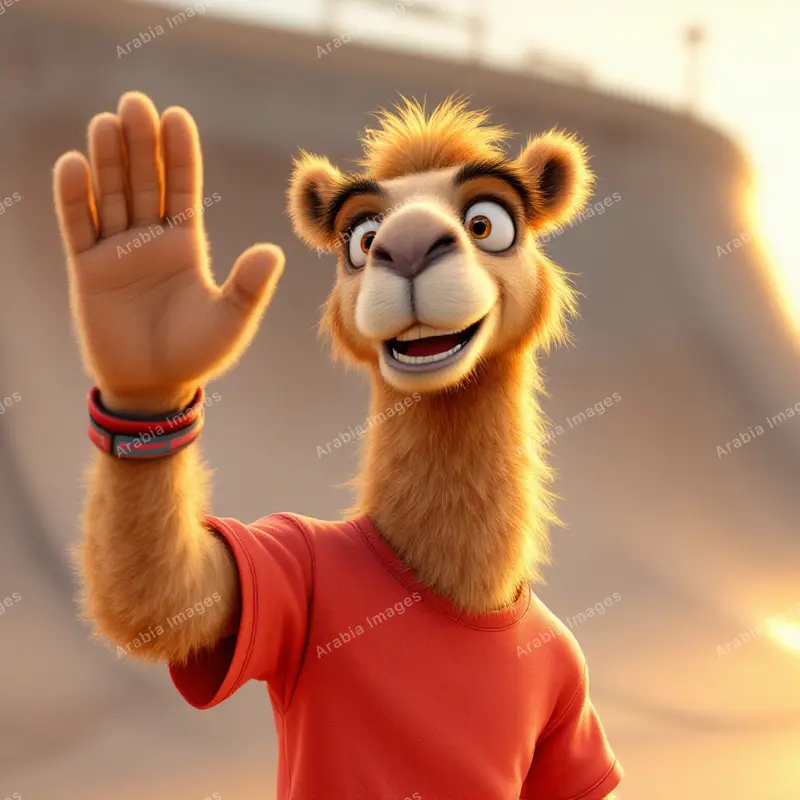 3D Cartoon Camel in a Red T-Shirt Waving at a Skate Park