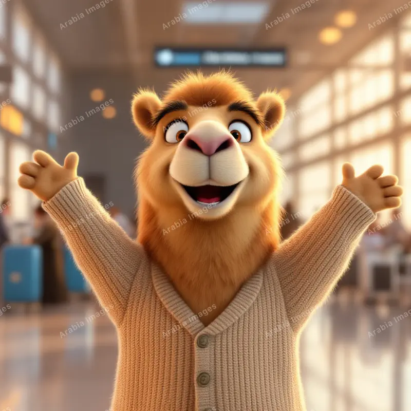 3D Cartoon Camel in a Cardigan Opening Its Arms at an Airport