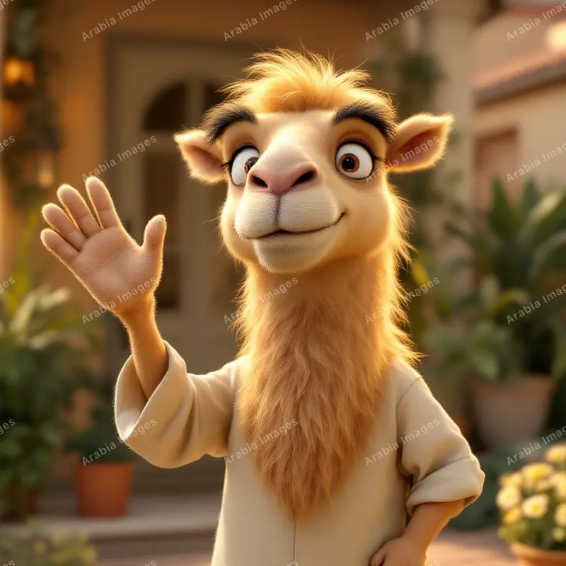 3D Cartoon Camel in a Cream Robe Waving in a Leafy Courtyard