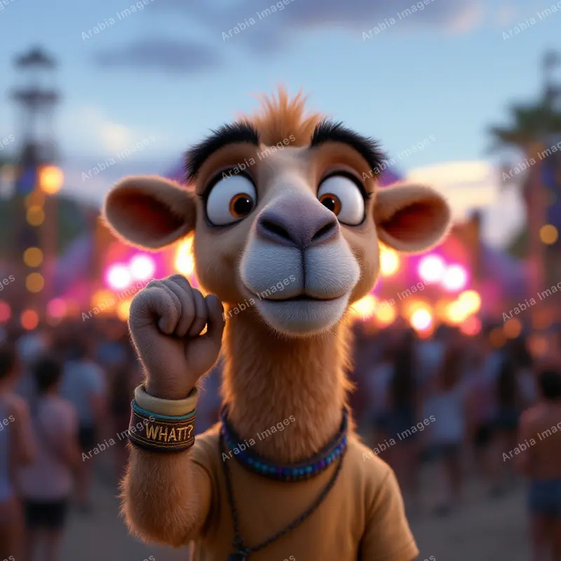 3D Cartoon Camel Tapping Its Chest at an Evening Festival Crowd