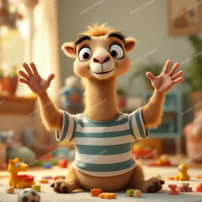 3D Cartoon Camel in a Striped Tee Sitting Among Scattered Toys