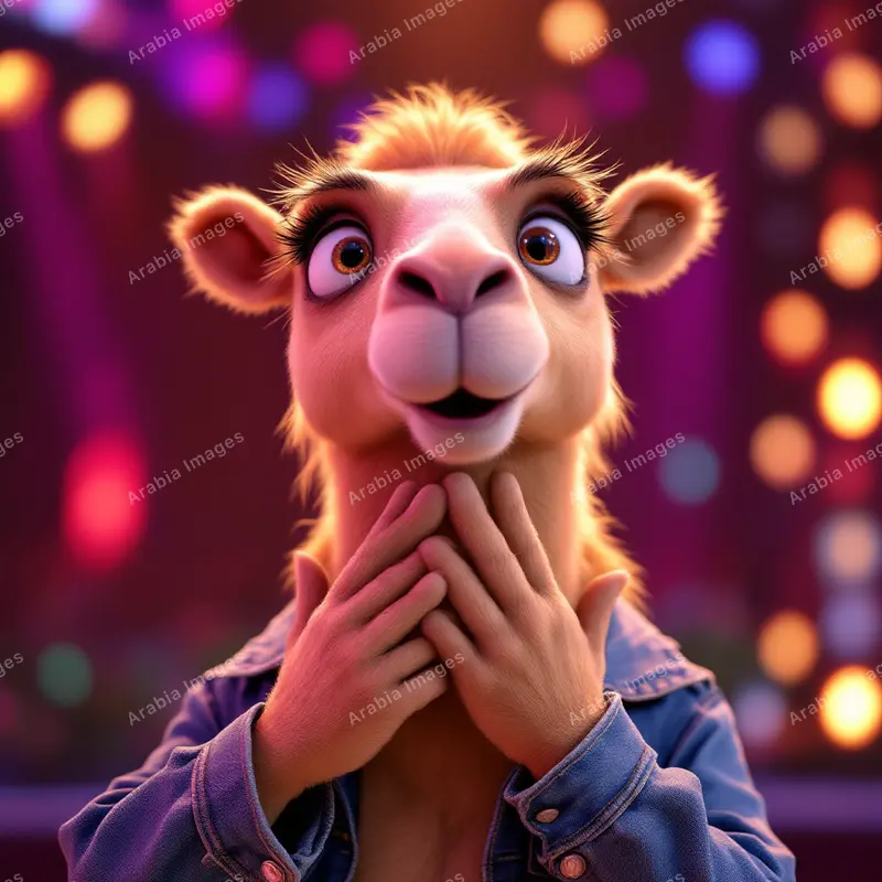 3D Cartoon Camel in a Denim Jacket with Hands at Its Throat