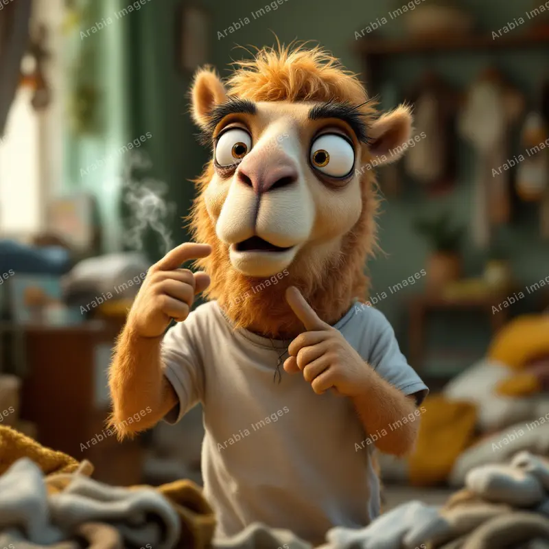 3D Cartoon Camel in a White Tee Pointing in a Cluttered Room