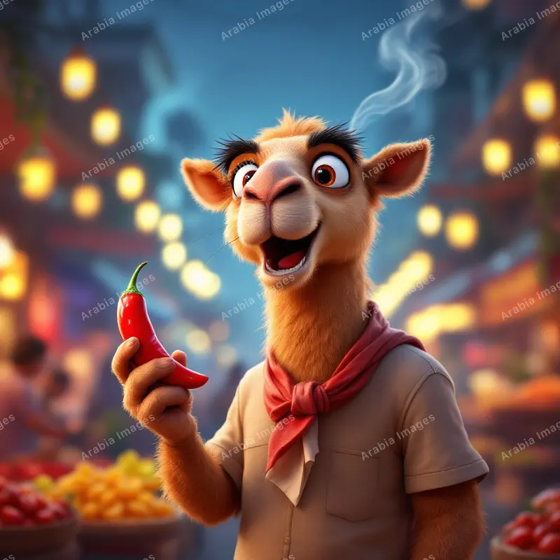 3D Cartoon Camel Holding a Red Chilli in a Night Market