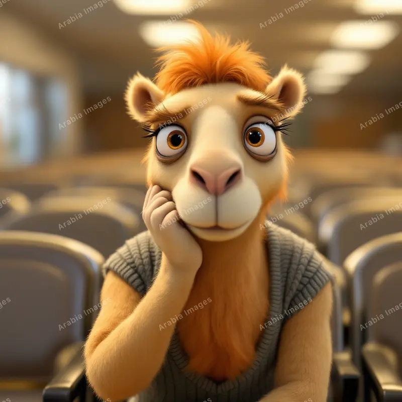 3D Cartoon Bored Camel Resting Its Cheek on a Hand in a Waiting Room