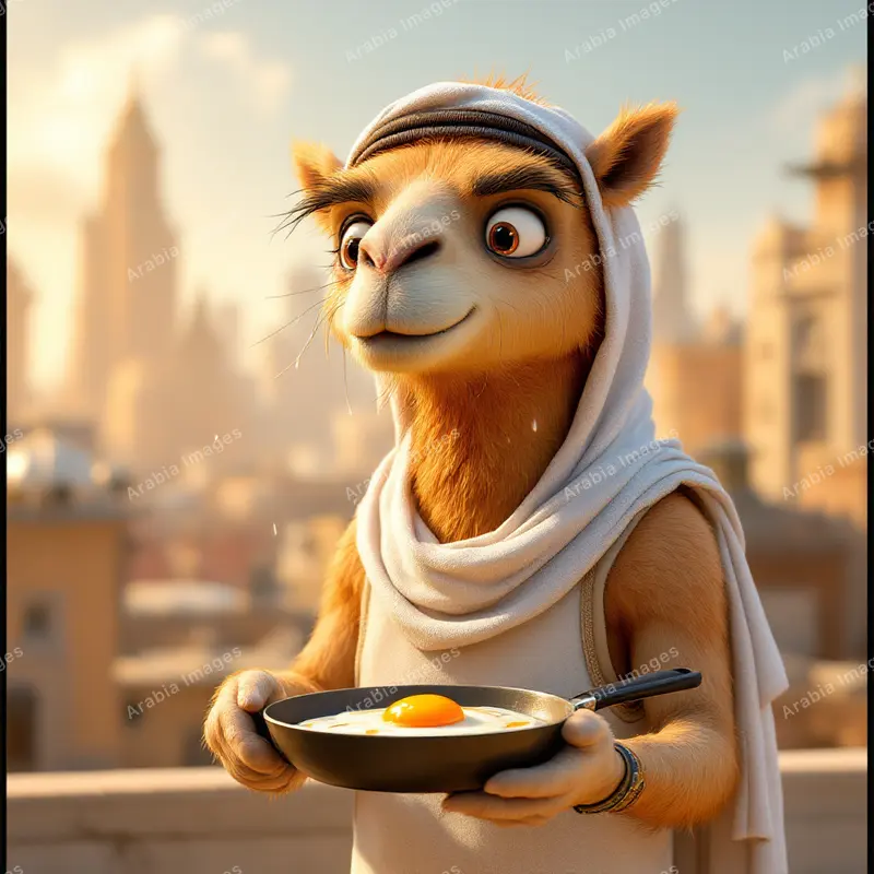 3D Cartoon Camel Holding a Pan with a Fried Egg on a Sunny Rooftop