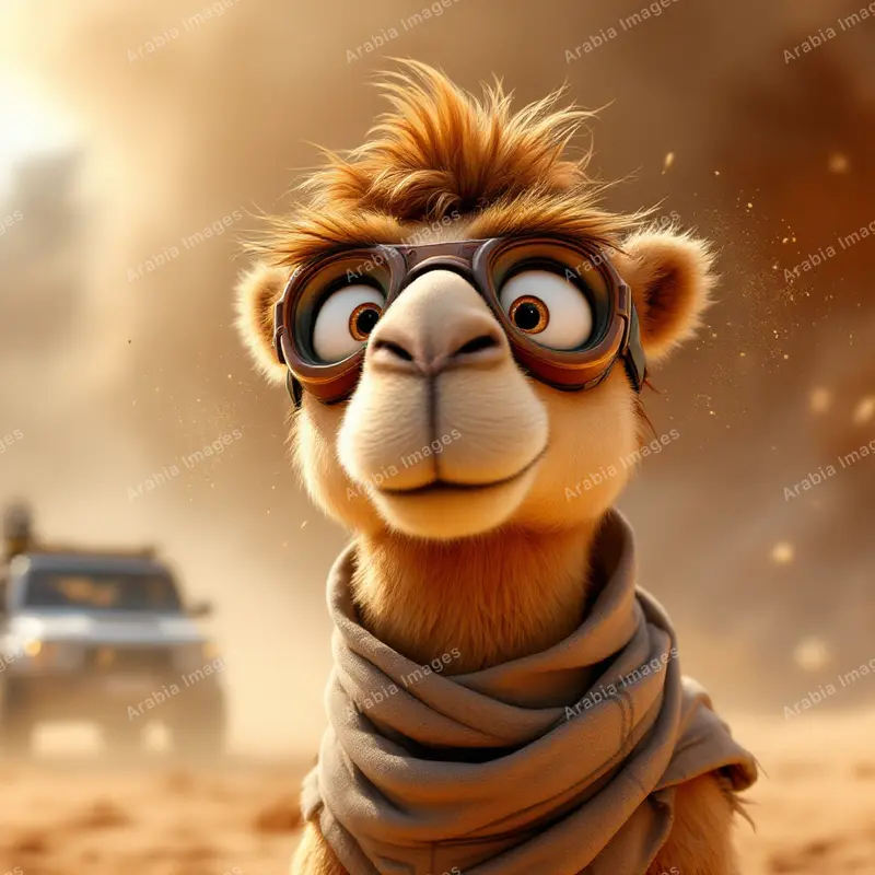 3D Cartoon Camel in Goggles and a Scarf in a Sandstorm