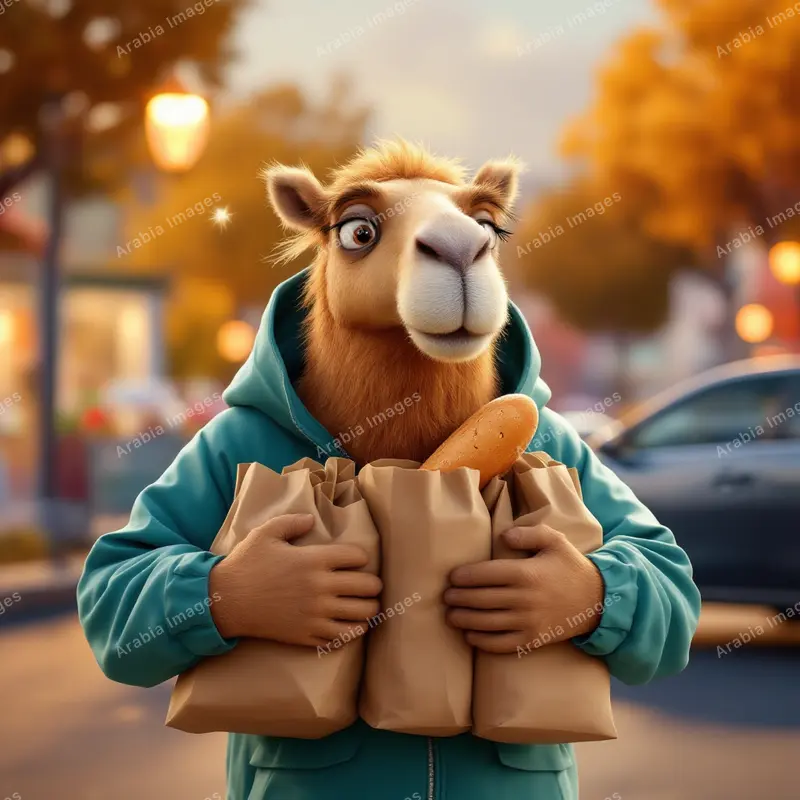 3D Cartoon Camel Carrying Paper Grocery Bags on an Autumn Street