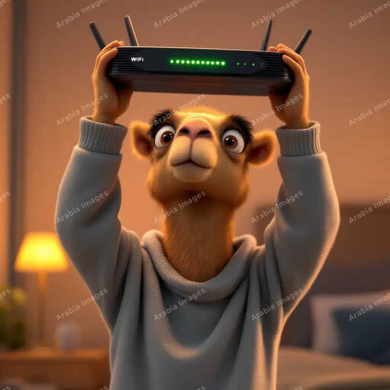 3D Cartoon Camel Holding a Wi-Fi Router Above Its Head