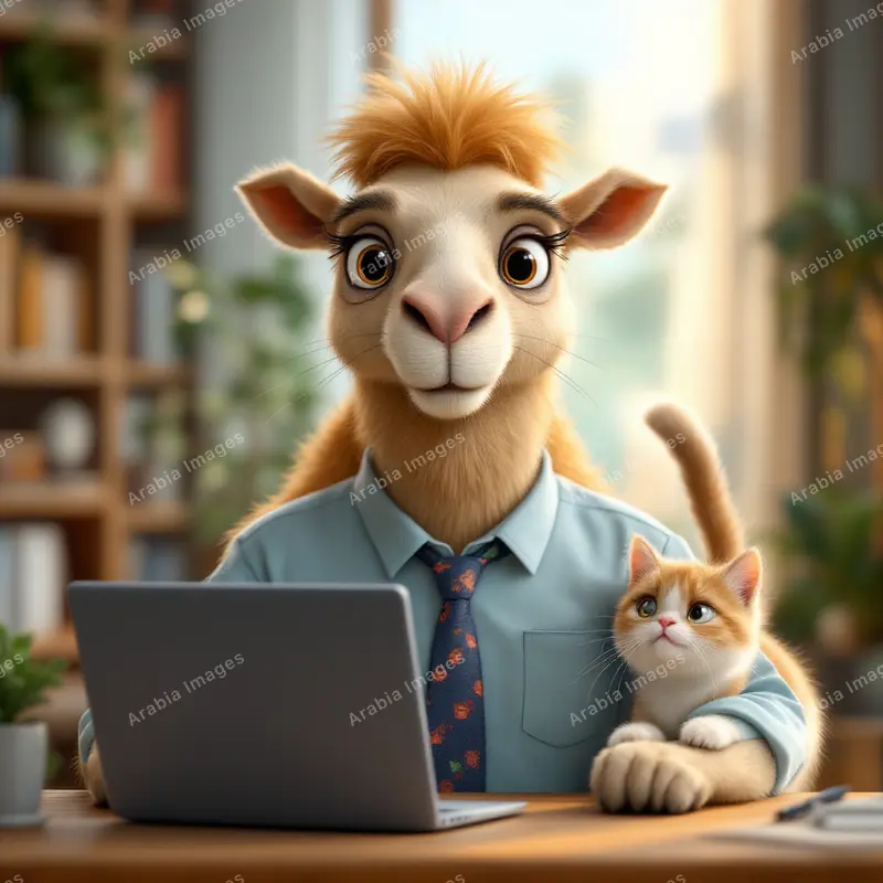 3D Cartoon Camel in a Shirt and Tie at a Laptop with a Cat on the Desk