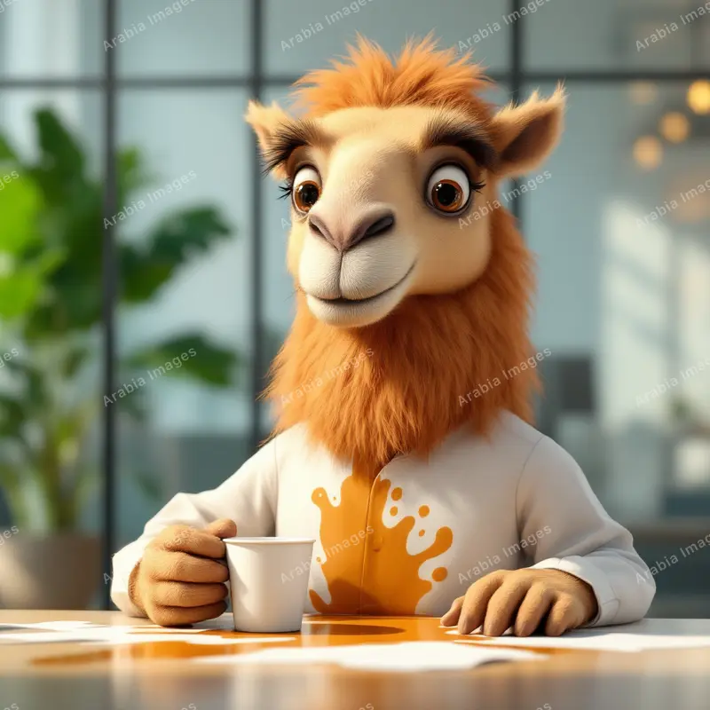 3D Cartoon Camel with a Coffee Stain on Its Shirt Holding a Mug