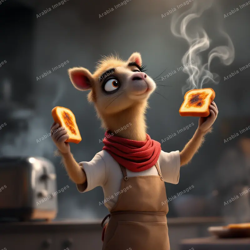 3D Cartoon Camel in an Apron Holding Two Slices of Burnt Toast