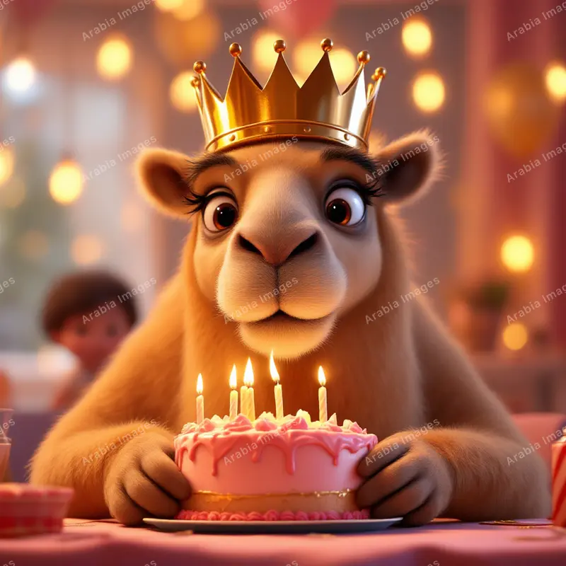 3D Cartoon Camel in a Gold Crown Behind a Pink Birthday Cake