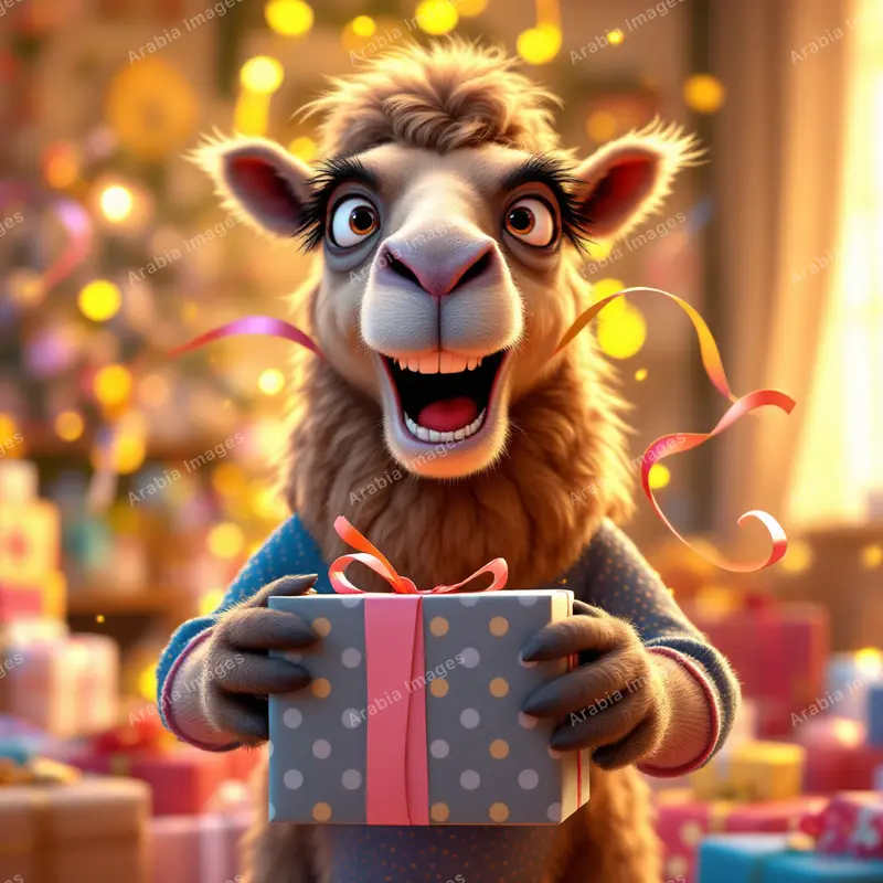 3D Cartoon Camel Holding a Polka-Dot Gift Box Amid Streamers