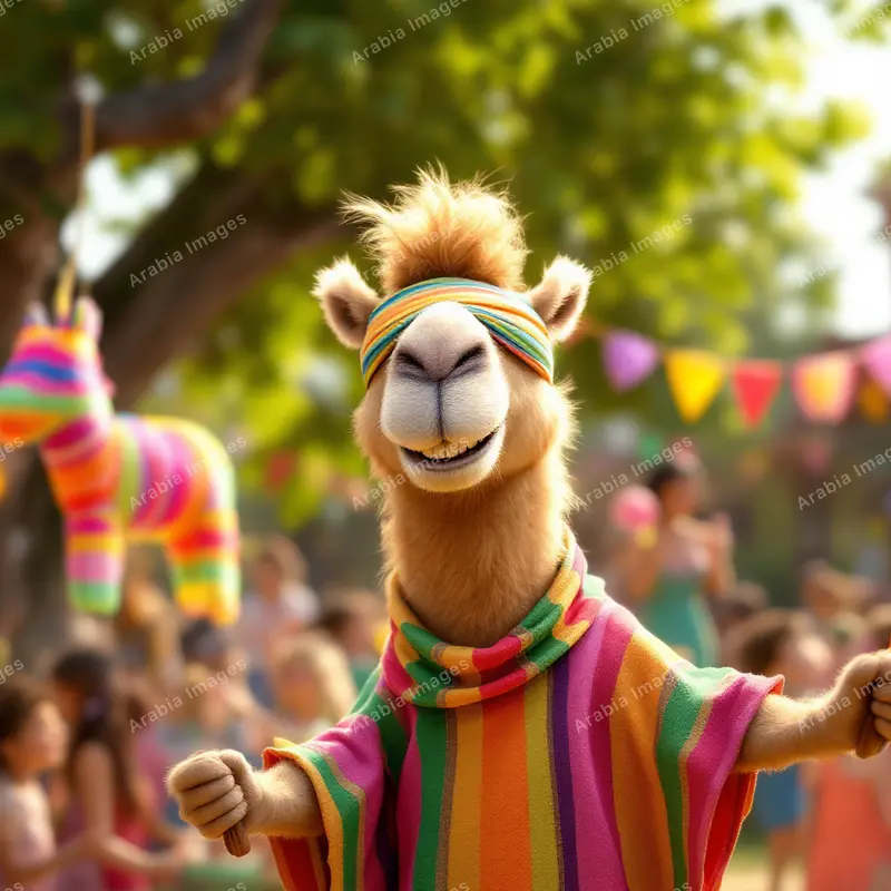 3D Cartoon Blindfolded Camel in a Striped Poncho Near a Piñata