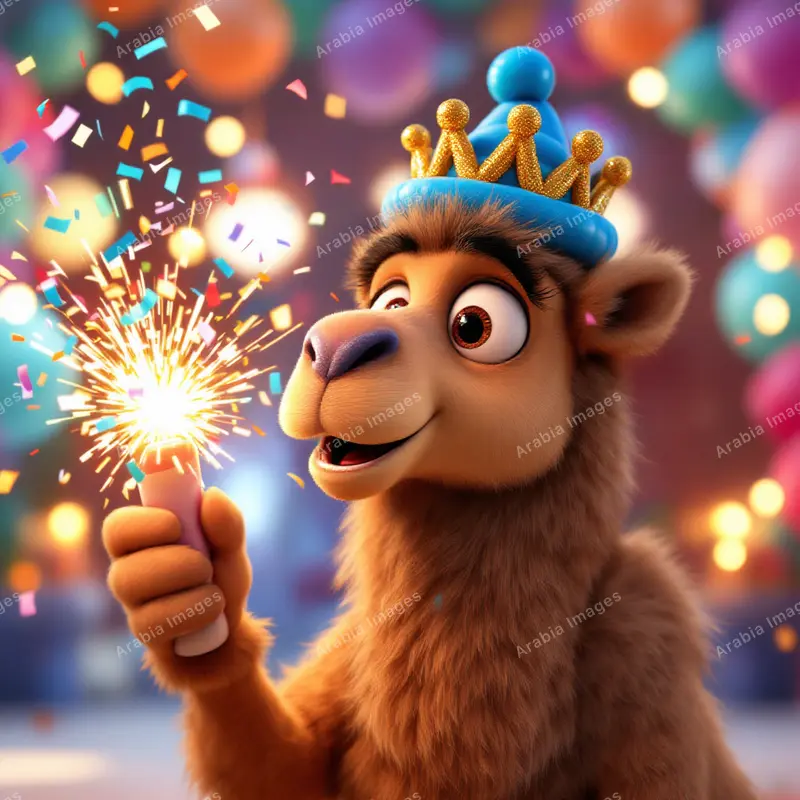 3D Cartoon Camel in a Crown Party Hat Holding a Sparkler
