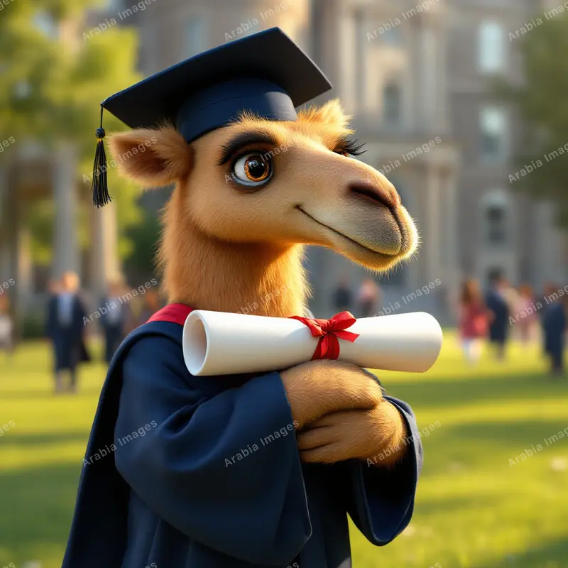 3D Cartoon Camel Graduate Hugging a Rolled Diploma on a Campus Lawn