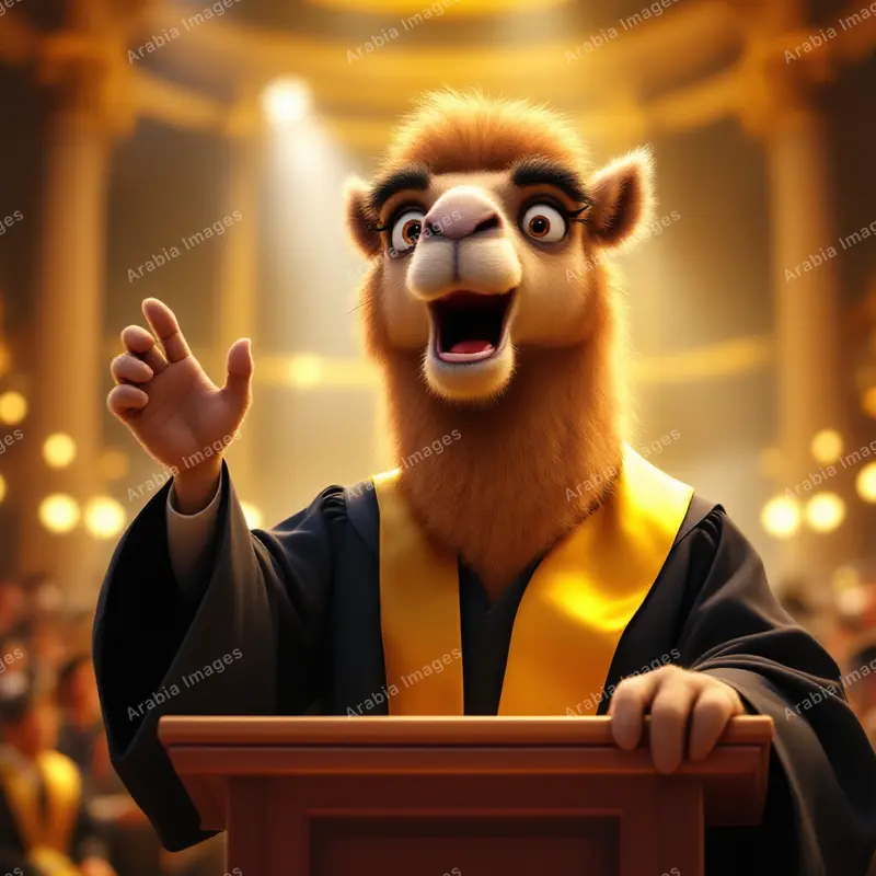 3D Cartoon Camel in a Gown with a Gold Stole Speaking at a Lectern