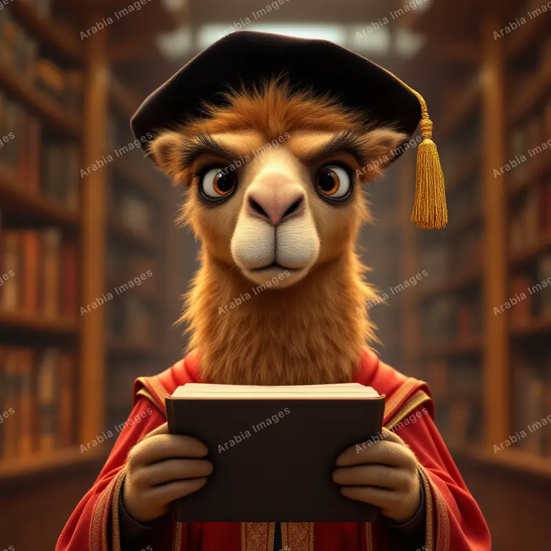 3D Cartoon Camel in a Red Academic Robe Holding a Book in a Library