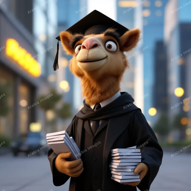 3D Cartoon Camel in a Black Gown Carrying Paper Stacks Downtown