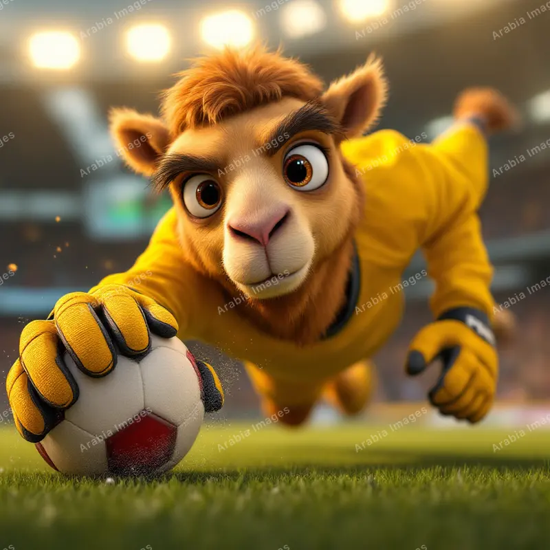 3D Cartoon Camel Goalkeeper in Yellow Smothering a Ball in a Stadium