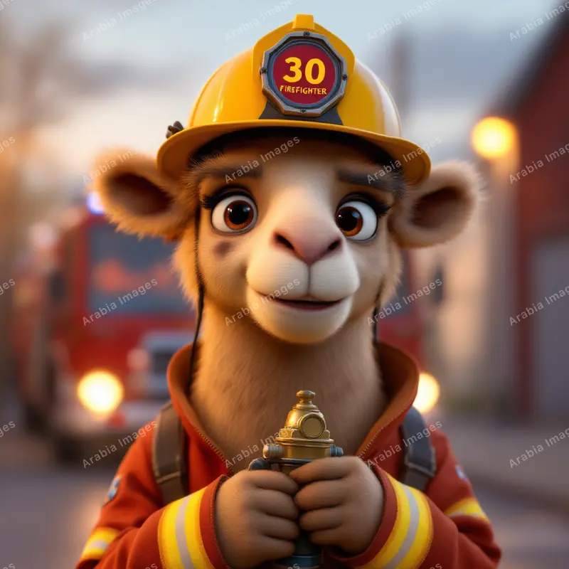 3D Cartoon Camel Firefighter in a Red Jacket Beside a Fire Engine