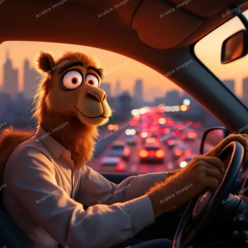 3D Cartoon Camel Driving Through Rush-Hour Traffic at Dusk