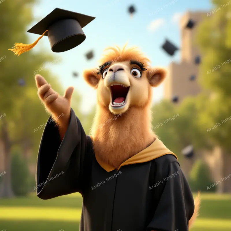 3D Cartoon Camel in a Black Gown Cheering as Caps Fly Overhead