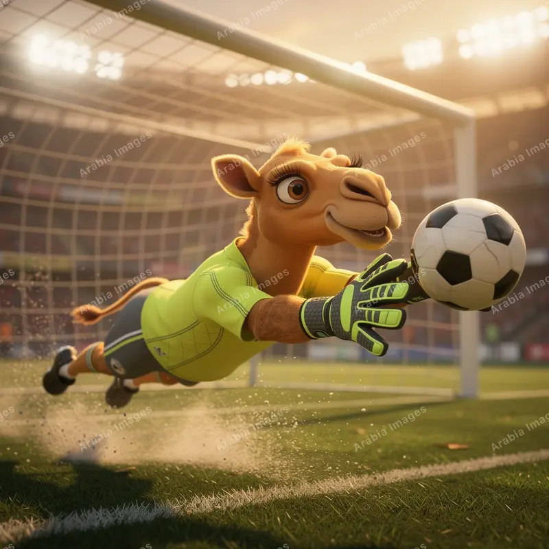 3D Cartoon Camel Keeper Diving to Save a Shot in Front of the Net